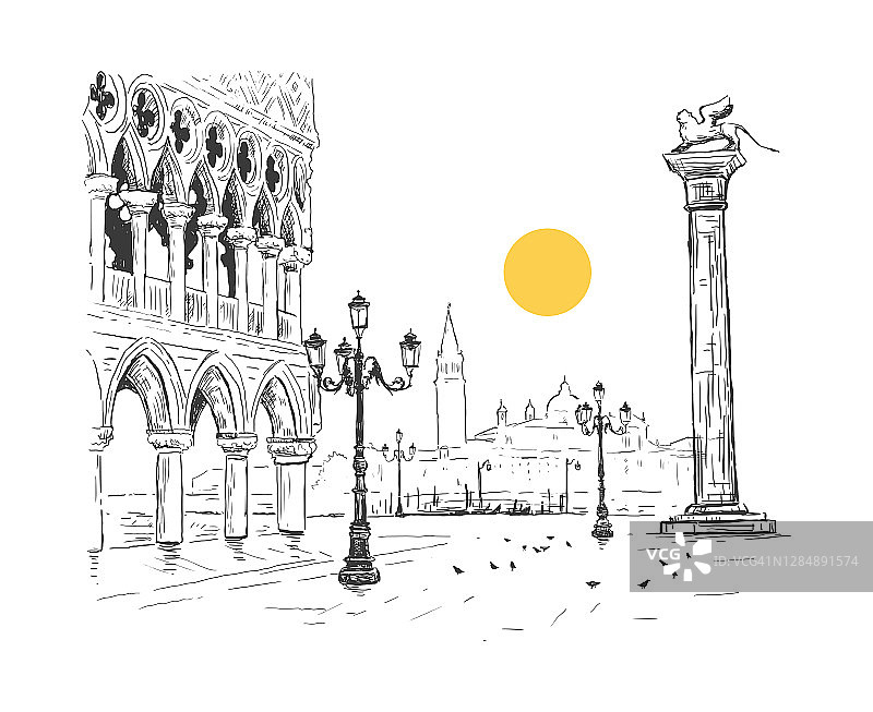 圣马克广场，意大利威尼斯总督宫。圣•乔治•马吉奥莱。圣马可。手绘草图矢量插图。浪漫的城市景观与阳光。图片素材