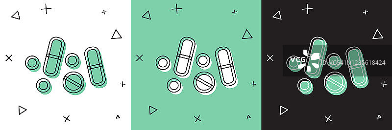 设置药丸或药片图标隔离在白色和绿色，黑色背景。胶囊丸和药物标志。药店的设计。向量图片素材