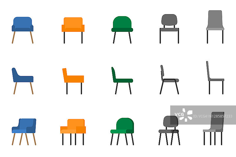 孤立的现代软织物办公扶手椅矢量插图图标设置。前面，侧视彩色座位上的白色图片素材