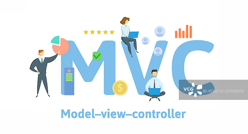 MVC(模型-视图-控制器。概念与关键字，人和图标。平面向量插图。孤立在白色的。图片素材