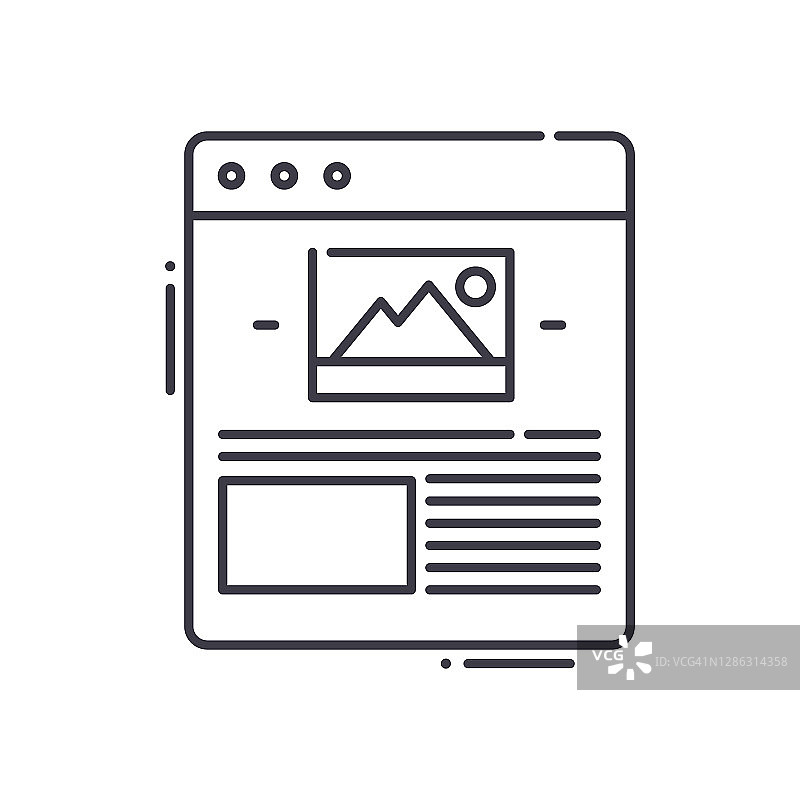 内容营销图标，线性孤立的插图，细线矢量，网页设计标志，大纲概念符号与可编辑的笔画在白色的背景。图片素材