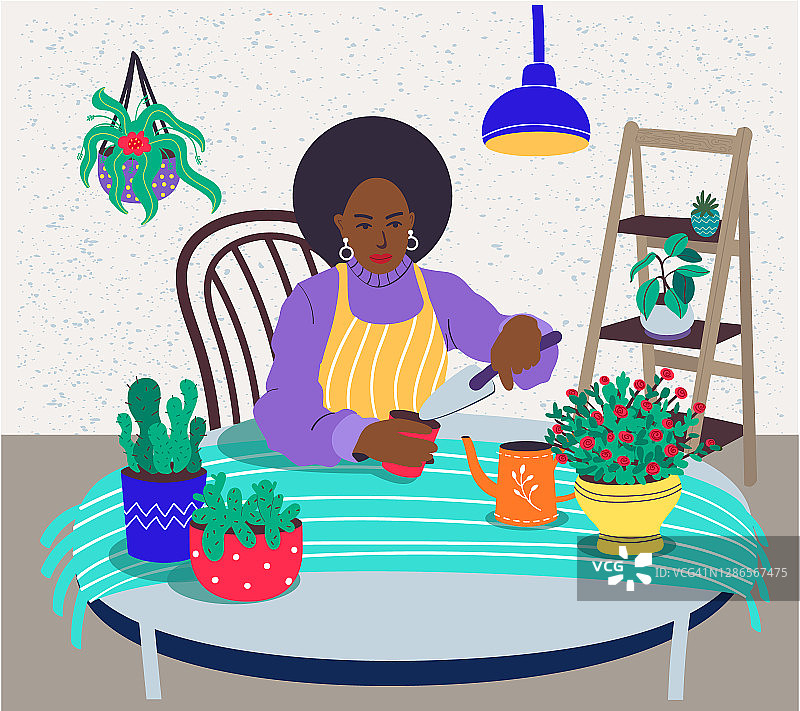 一位皮肤黝黑的妇女在照料室内植物。一位非裔美国妇女种植室内植物。矢量平面插图图片素材