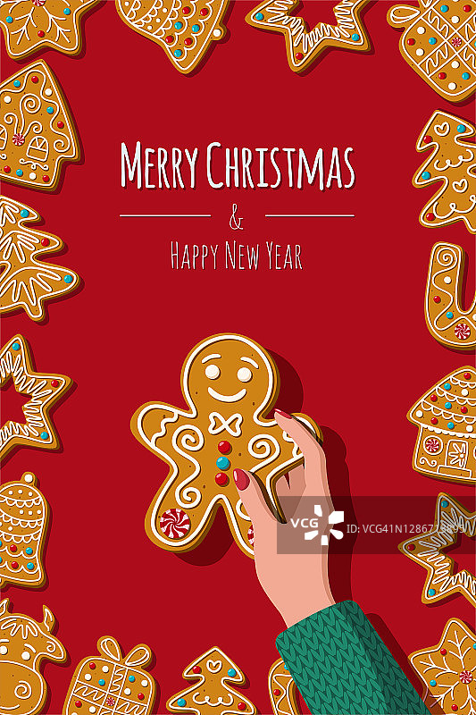 女人的手握着一个姜饼人。圣诞自制饼干，红色背景贺卡。矢量图图片素材