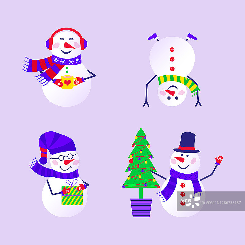 圣诞快乐，可爱的贺卡与雪人和雪花为快乐的新年礼物。斯堪的纳维亚风格设邀请，儿童房，幼儿园装饰，室内设计，贴纸图片素材