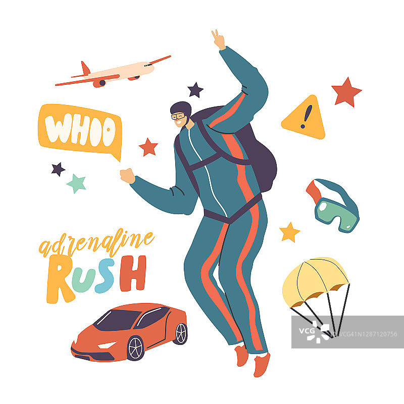 高空跳伞员男性角色用降落伞在天空中翱翔。跳伞运动。降落伞飞行，肾上腺素图片素材