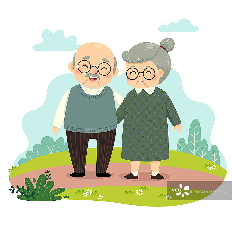 矢量插图卡通的老夫妇站和牵手在公园。快乐爷爷奶奶日概念。图片素材