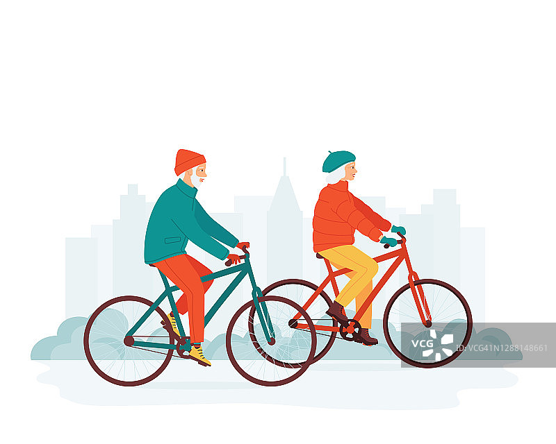 健康快乐的白发老人和女人一起在城市公园里骑自行车。退休老年夫妇户外活动概念。积极的健康的老年人。矢量图图片素材
