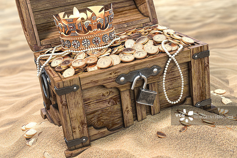在沙滩上打开装满金币的宝箱。财富和财富观念。图片素材