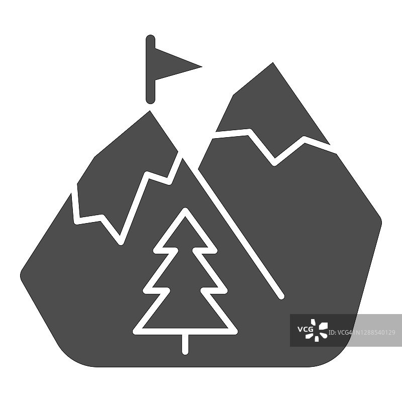 山在雪固体图标，世界滑雪板日概念，冬季山标志在白色的背景，雪山与旗帜图标在象形风格的移动和网页设计。矢量图形。图片素材