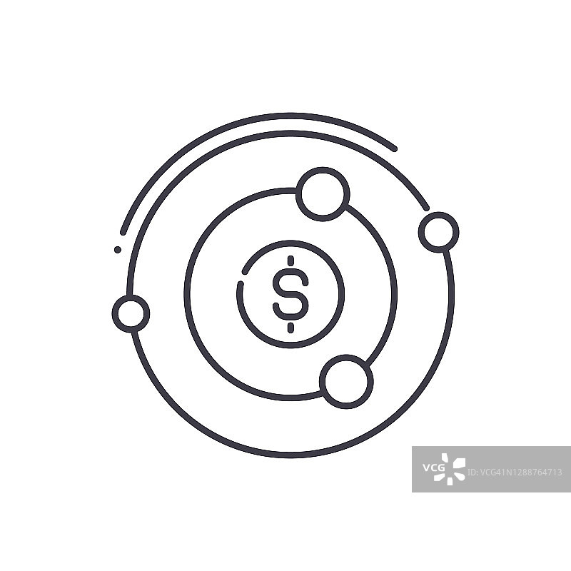 金钱焦点图标，线性孤立的插图，细线矢量，网页设计标志，轮廓概念符号与可编辑的笔触在白色的背景。图片素材