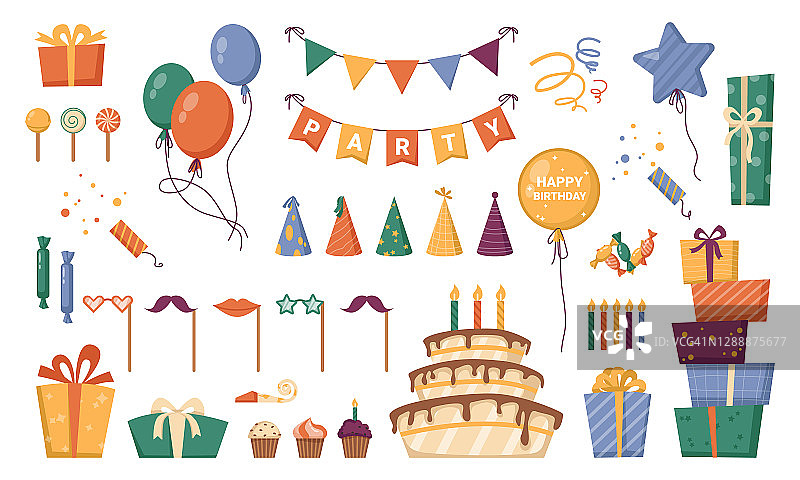 生日礼物装在带有装饰丝带的纸盒里。节日庆祝，恭喜。锥帽、充气气球、星星、五彩纸屑、蛋糕和蜡烛。向量在平面图片素材