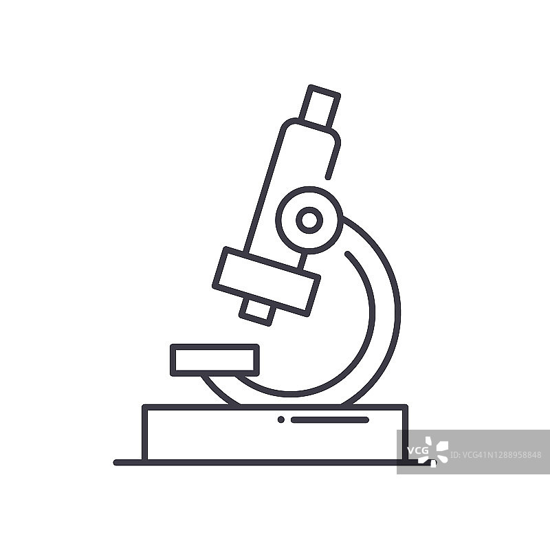 显微镜图标，线性孤立的插图，细线矢量，网页设计标志，轮廓概念符号与可编辑的笔触在白色的背景。图片素材