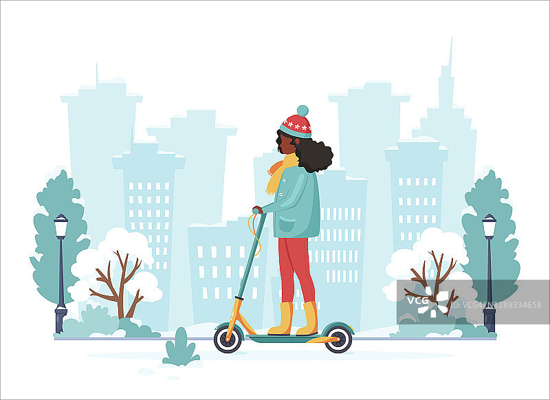 黑人妇女在冬天骑电动踏板车。生态交通的概念。矢量图图片素材