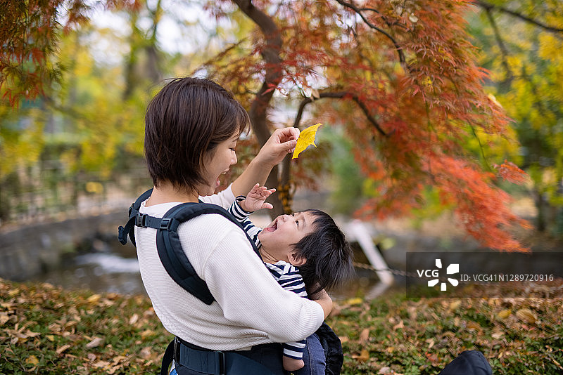 一个年轻的女人和她的小男孩在公园里玩黄叶图片素材