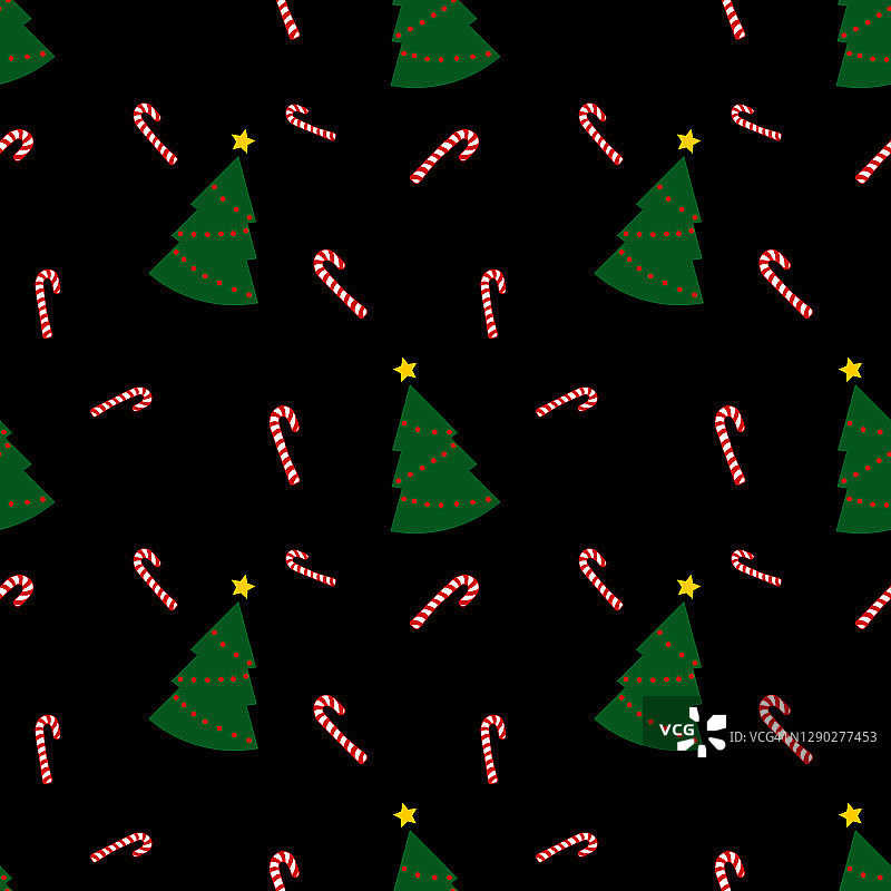 无缝模式与绿色的圣诞树和糖果手杖在黑色的背景。包装装饰。圣诞快乐，新年快乐图片素材
