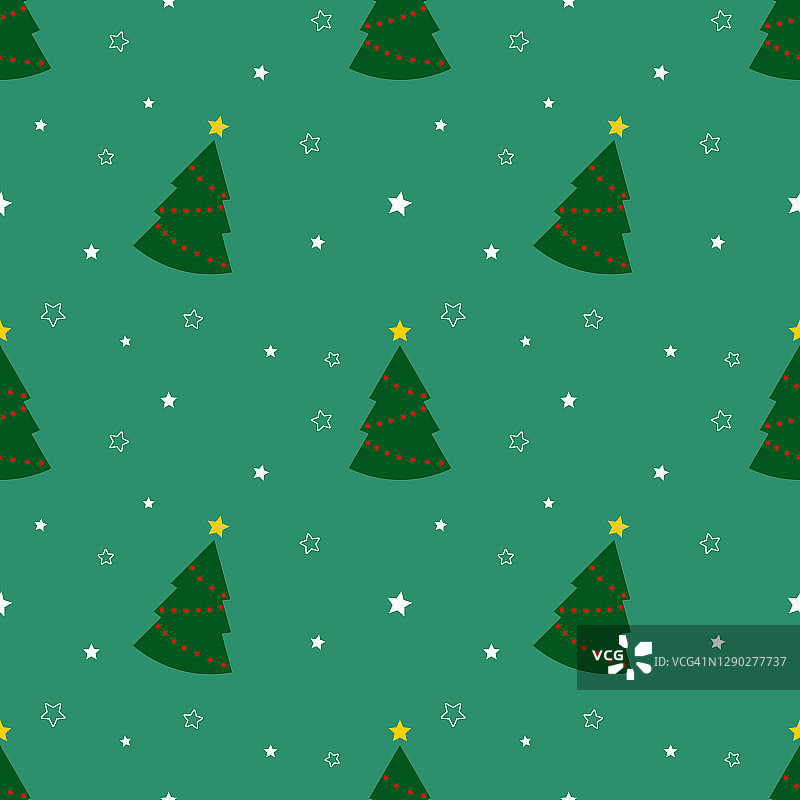 无缝模式与绿色的圣诞树和星星在绿色的背景。抽象的,包装装饰。圣诞快乐，新年快乐图片素材