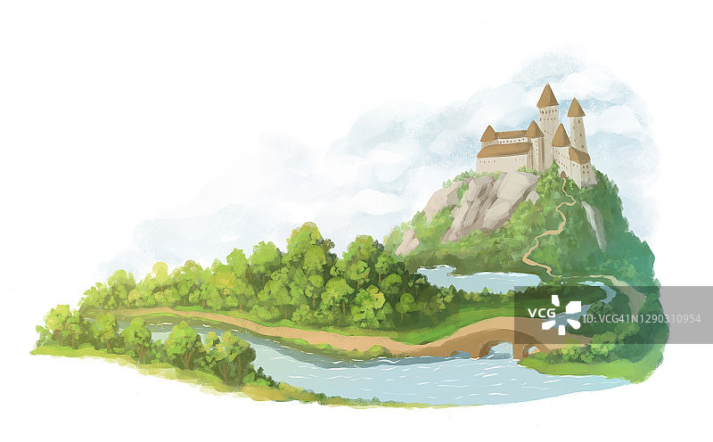 卡通景观插图有城堡、道路、森林、山峦、河流。城堡的美丽景色图片素材