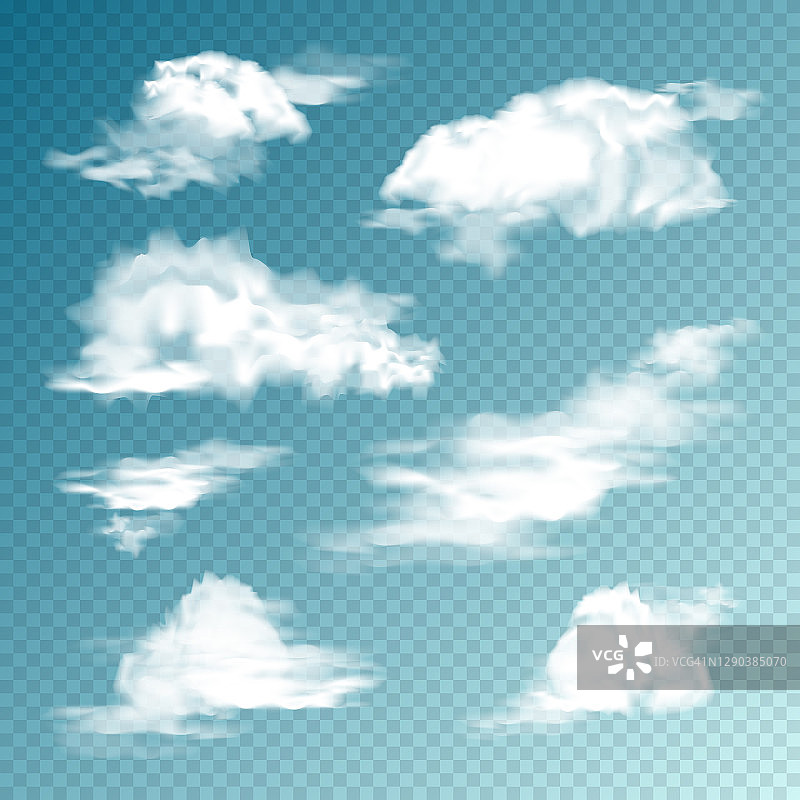 现实的云组。孤立的云在透明的背景。天空全景。矢量设计元素图片素材