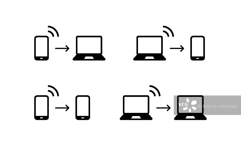 一组个人电脑和智能手机图标，代表互联网通信，共享，无线通信，备份，屏幕共享等。图片素材
