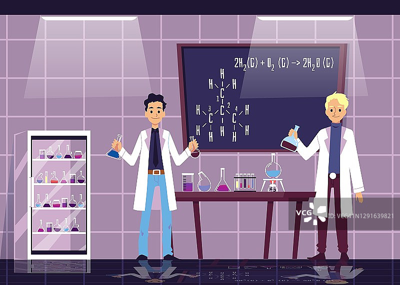 矢量平面卡通插图的化学实验室与工作的科学家图片素材
