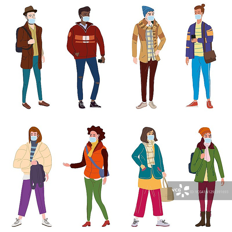 年轻人，女人，男人，穿着现代秋天时髦的衣服。医用口罩用于个人防护病毒、烟雾、蒸气。时尚休闲外套街头风格个性。平面卡通风格矢量孤立的插图图片素材