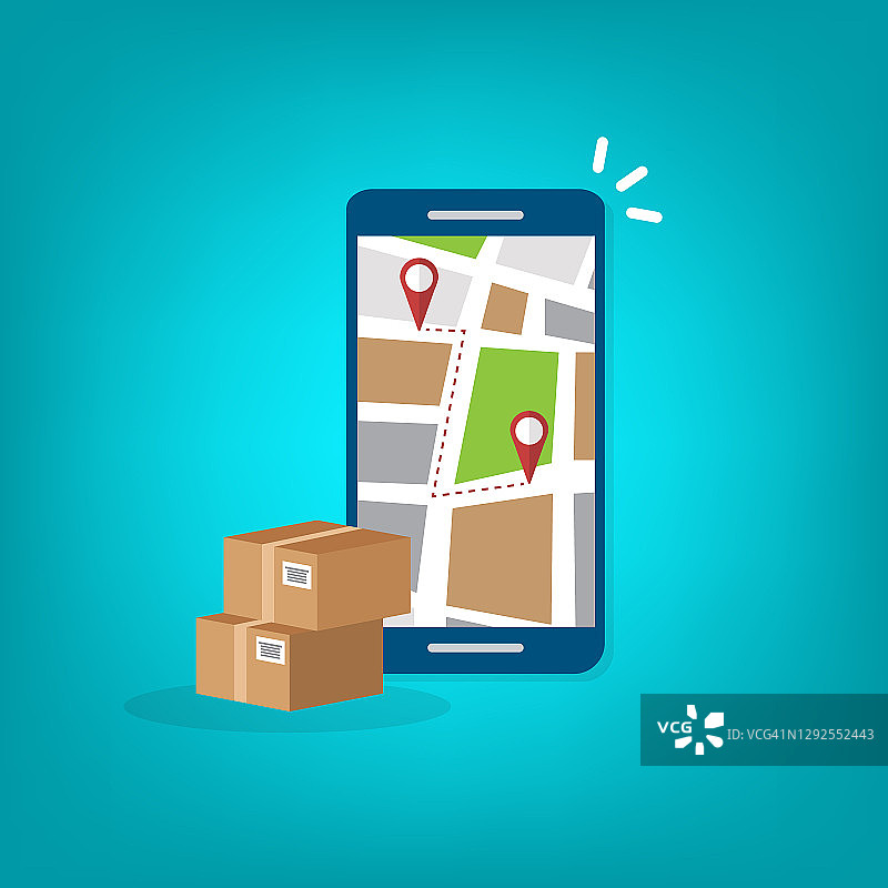 通过手机或移动电话跟踪包裹递送。智能手机与城市地图在屏幕上和大头针指针目的地位置与包装盒，运输物流。图片素材