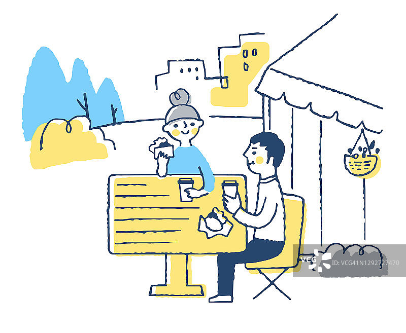 一对夫妇在阳台上吃饭的插图图片素材