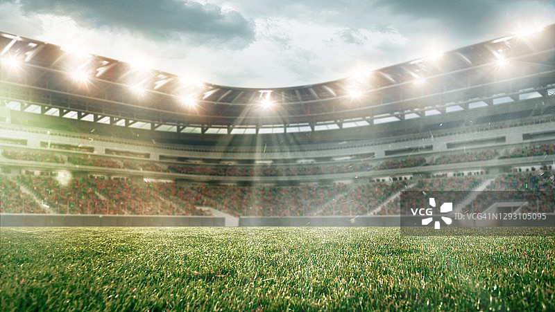足球场照明，绿色草地和多云的天空，背景设计或广告图片素材