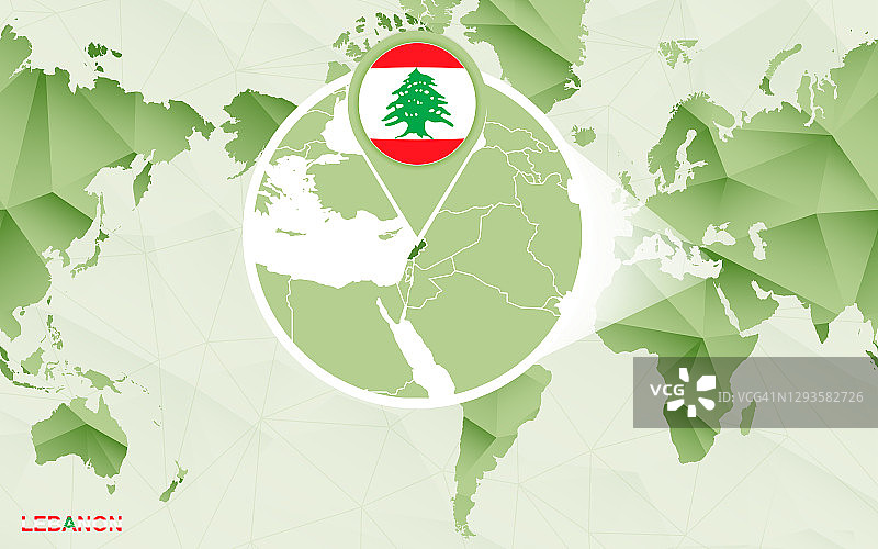 以美国为中心的世界地图和放大的黎巴嫩地图。图片素材