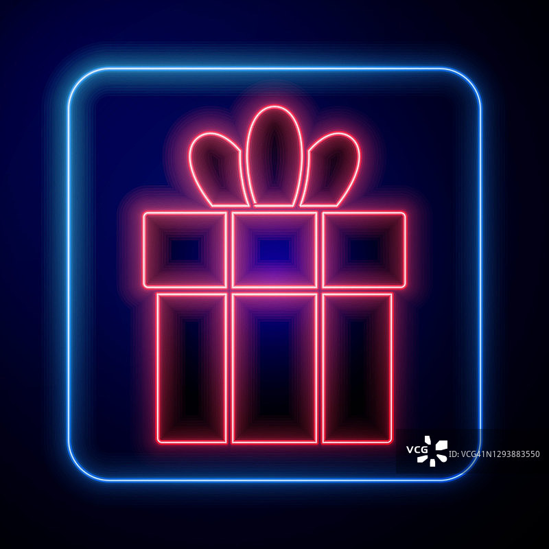 发光的霓虹灯礼盒图标孤立在蓝色背景。圣诞快乐，恭贺新禧。向量图片素材