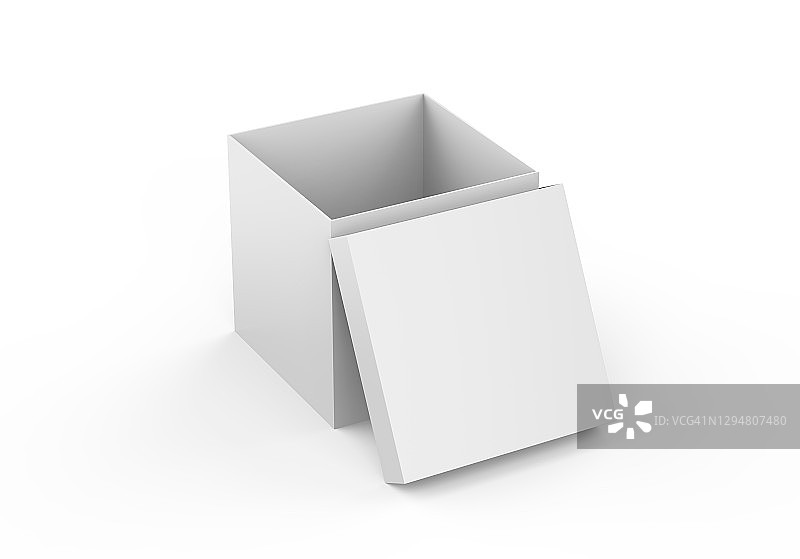 白色空白方形纸盒模型模板上孤立的白色背景，包装盒模型的设计演示，3d插图图片素材