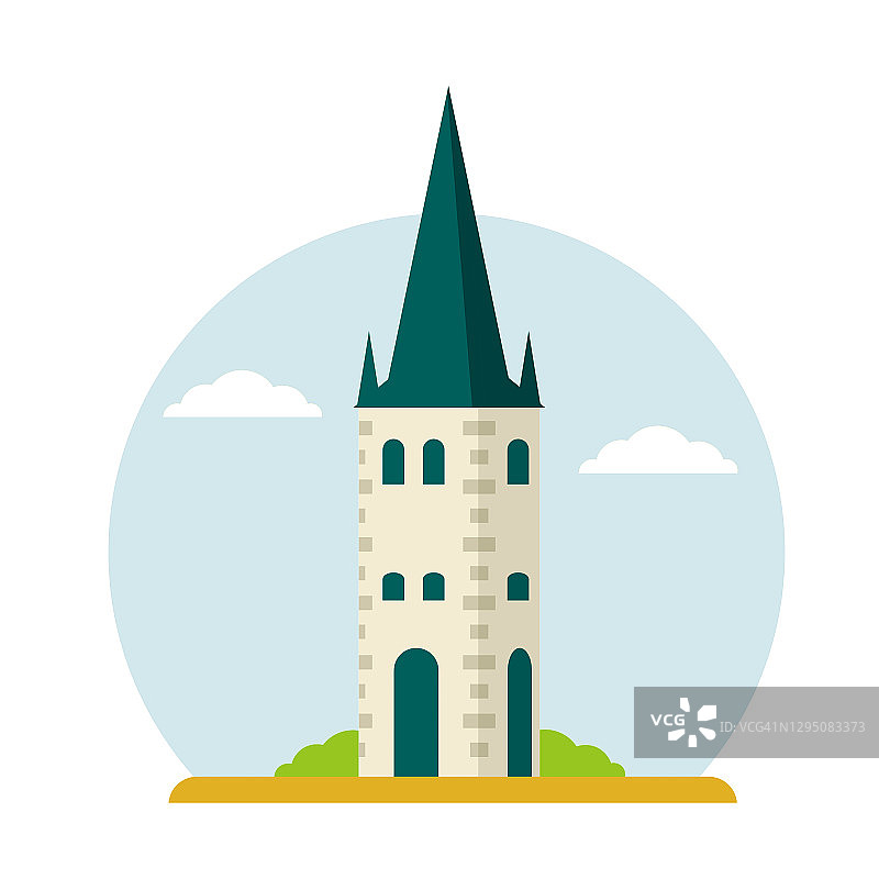 白塔。中世纪要塞和城堡的元素。爱沙尼亚首都塔林的旅游景点。圣奥拉夫教堂。历史悠久的欧洲城市。基督教的寺庙。图片素材