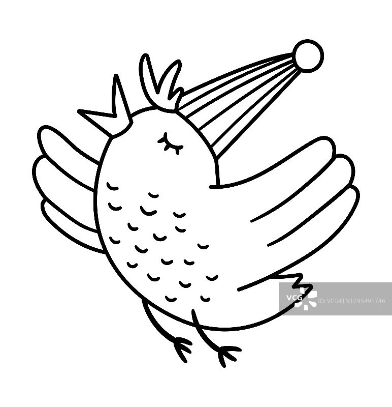 矢量可爱的黑色和白色的小鸟在生日的帽子。有趣的b日动物卡片，海报，印刷设计。为孩子们勾勒节日插图。欢乐的庆祝人物行图标。图片素材