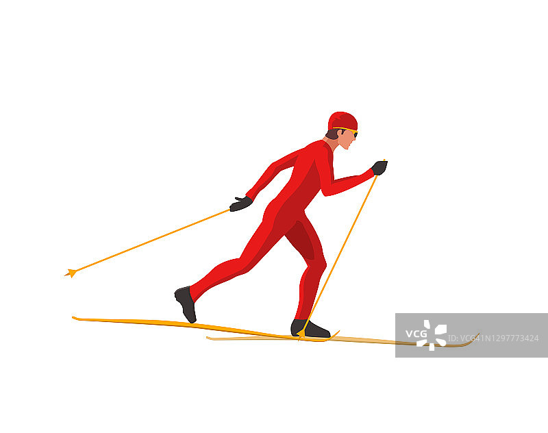 一个穿着红色运动服的滑雪者正在用滑雪杖和滑雪板滑雪。图片素材