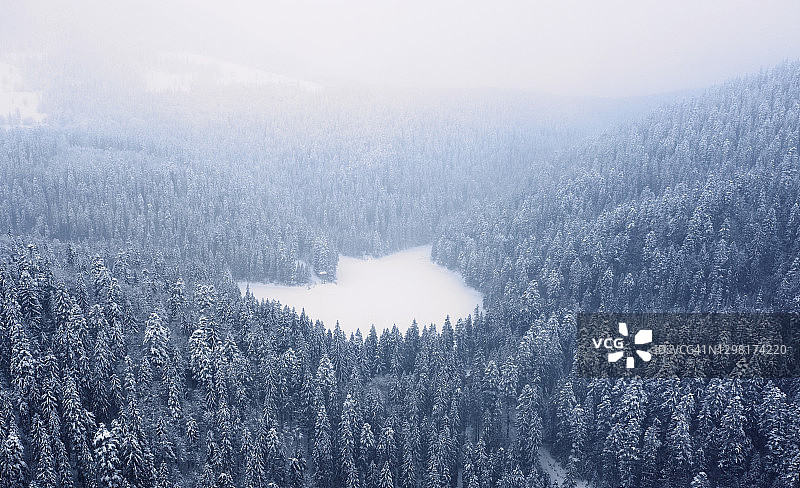 鸟瞰图的冬季山湖雪妮芙图片素材