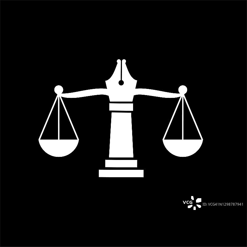 法律与司法的平衡象征着正义的天平在笔尖上。标志矢量孤立的插图设计的法律，司法服务和公司。图片素材