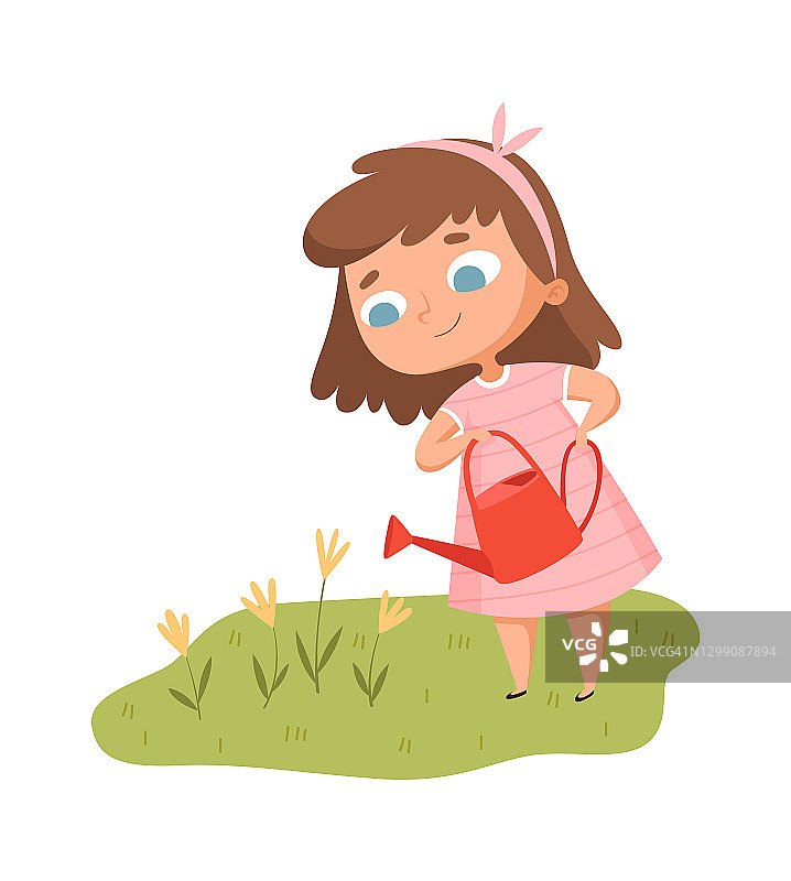 女孩浇花。带着浇水罐的婴儿照料花园。孤立可爱的小卡通儿童草地矢量插图图片素材