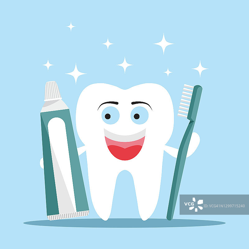 快乐的牙齿。一颗洁白的牙齿夹着牙膏和牙刷。刷牙的概念。口腔卫生。图片素材