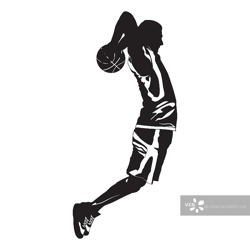 职业篮球运动员剪影投篮篮，矢量插图。扣篮投篮技术图片素材