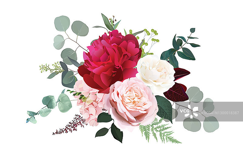 紫红色的牡丹，浅粉色和象牙色的玫瑰，浅红色的绣球花图片素材