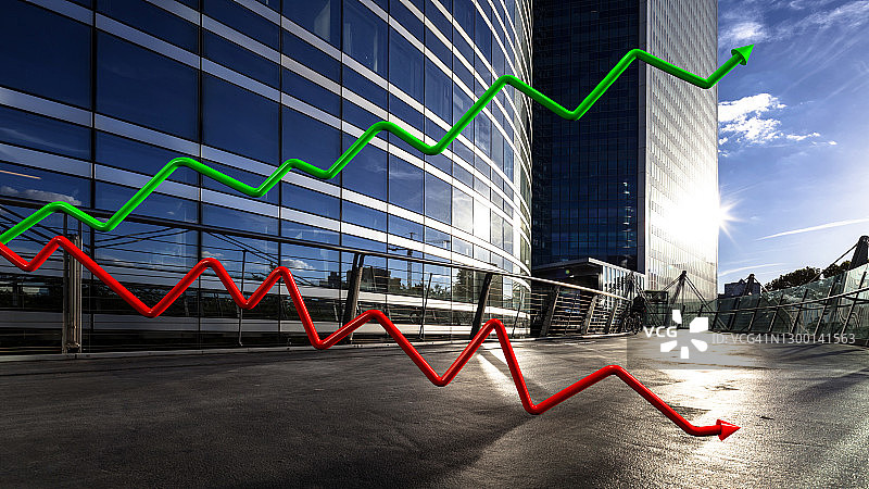 DGI K曲线和箭头绿色和红色，背景为商业建筑图片素材