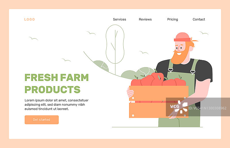 新鲜的农产品。当地市场。登陆页设计概念。带着一盒苹果的可爱男人形象。收获,农业。矢量平面插图。图片素材