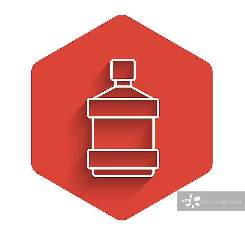 白色线大瓶子与干净的水图标孤立与长阴影。冷却器的塑料容器。红色的六角按钮。向量图片素材