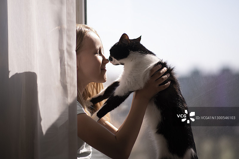 女孩坐在窗户上，把猫鼻子对着鼻子。宠物。友谊，童年，阳光图片素材