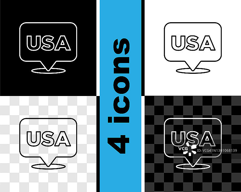 设置线美国独立日图标孤立在黑色和白色，透明的背景。7月4日。美利坚合众国国家。向量图片素材