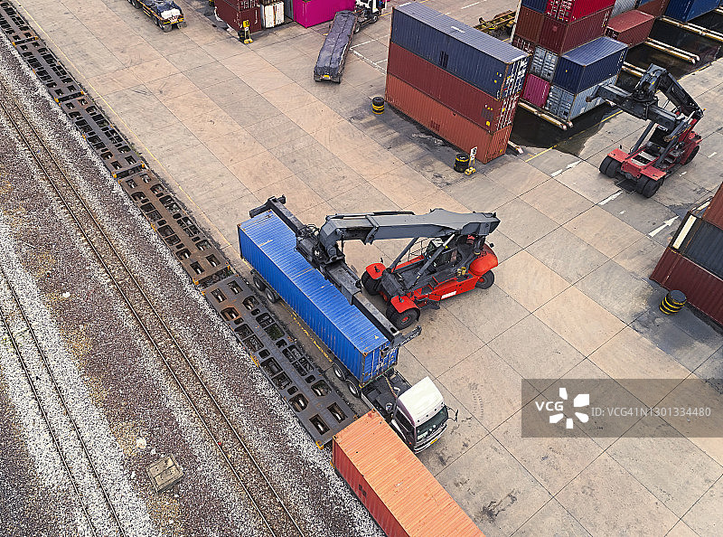 叉车装卸集装箱装车，用于商务物流，进出口运输或货物运输。图片素材