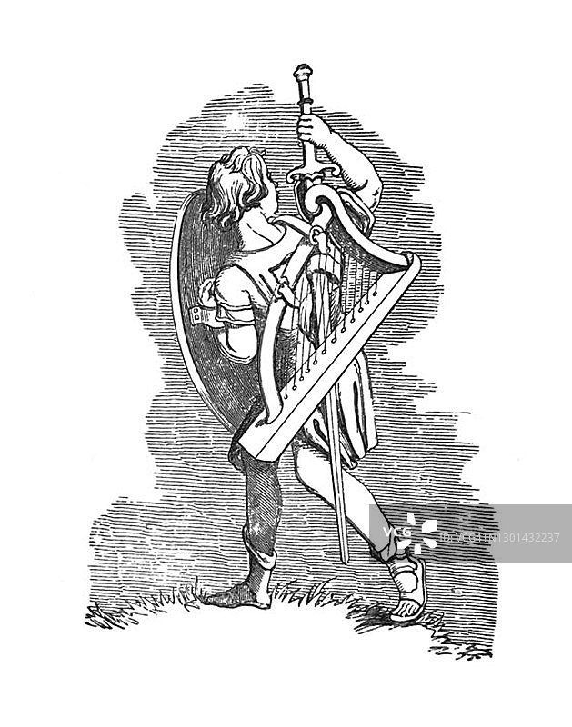 古董插图-诗歌托马斯摩尔-吟游诗人男孩与盾牌剑和竖琴图片素材