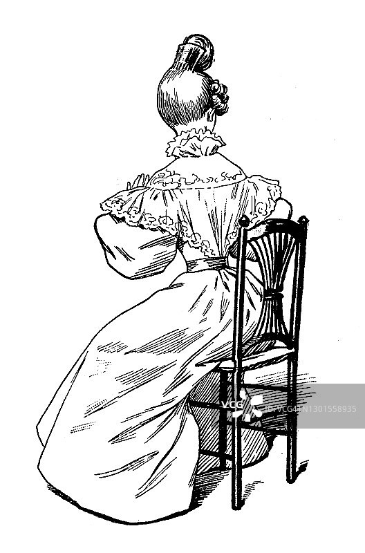 古董插图:女人坐在椅背上图片素材