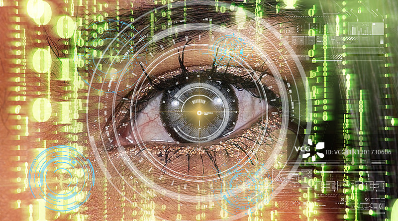 特写女人的眼睛与未来的数字技术数字背景，屏幕超过眼睛的视觉背景，安全和命令在访问。监视和安全概念图片素材