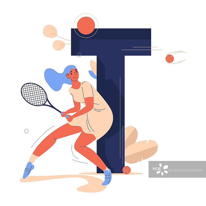 在网球比赛中拿着球拍和飞球准备击球的女子。用蓝色画的大字母T。女性角色在运动服装微笑图片素材
